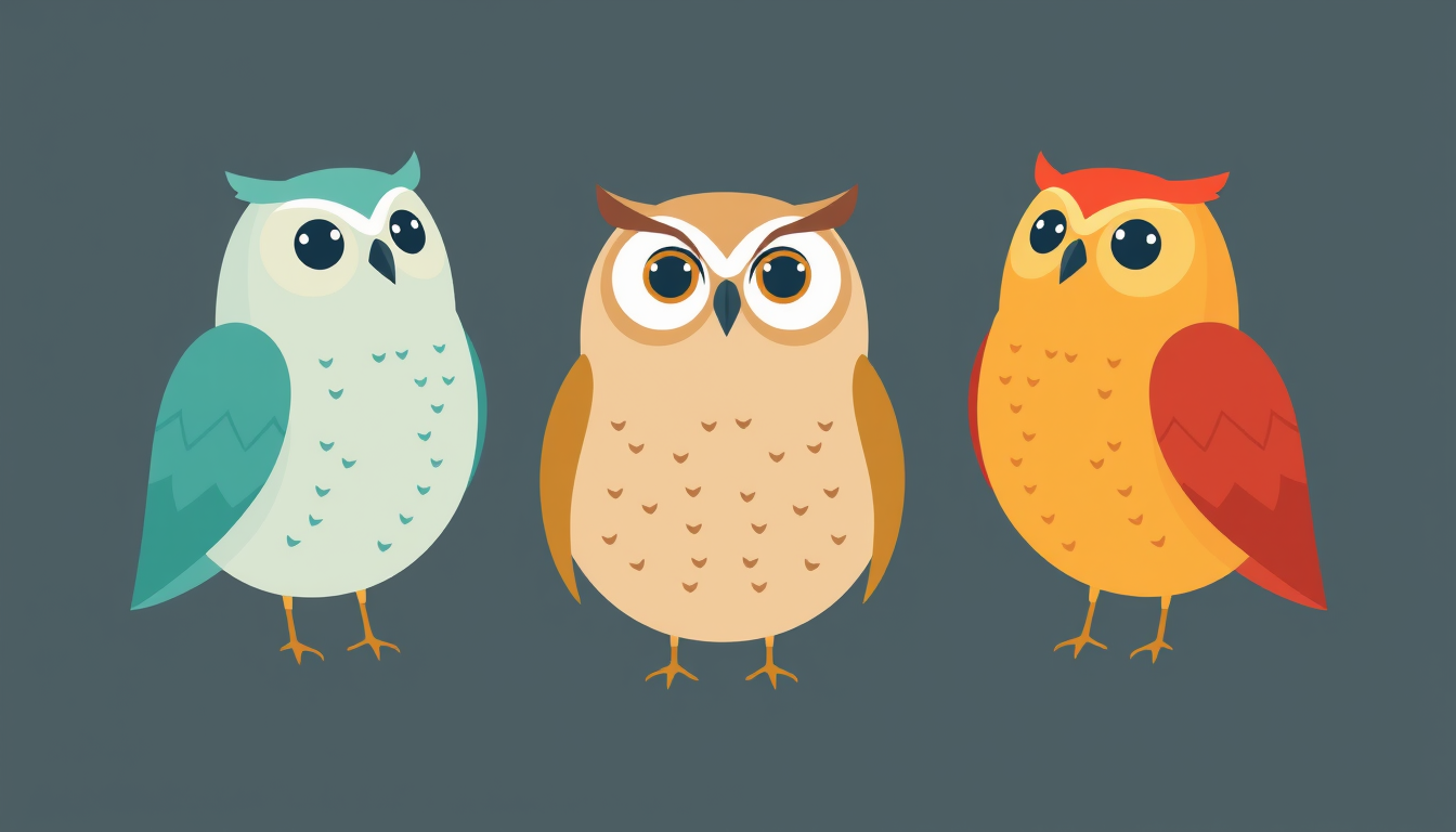 Main art studio: minimal graphic of three owls, standing closer to each other, all are different colors, center one is looking straight ahead, left one is looking up l