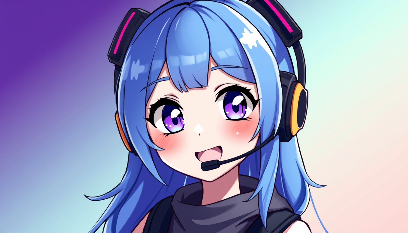 VTuber idea: vtuber avatar character, anime style, expressive face, streaming-ready design, blue-haired girl with headset and glowing eyes , clean vtuber model ill