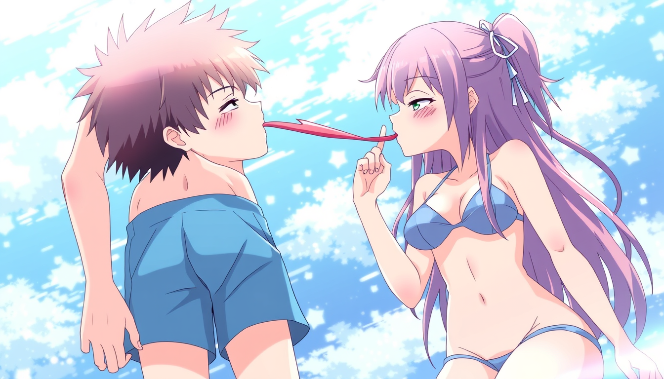 Main art studio: Anime boy and anime girl one in swim shorts other in bikini licking each other's tongue