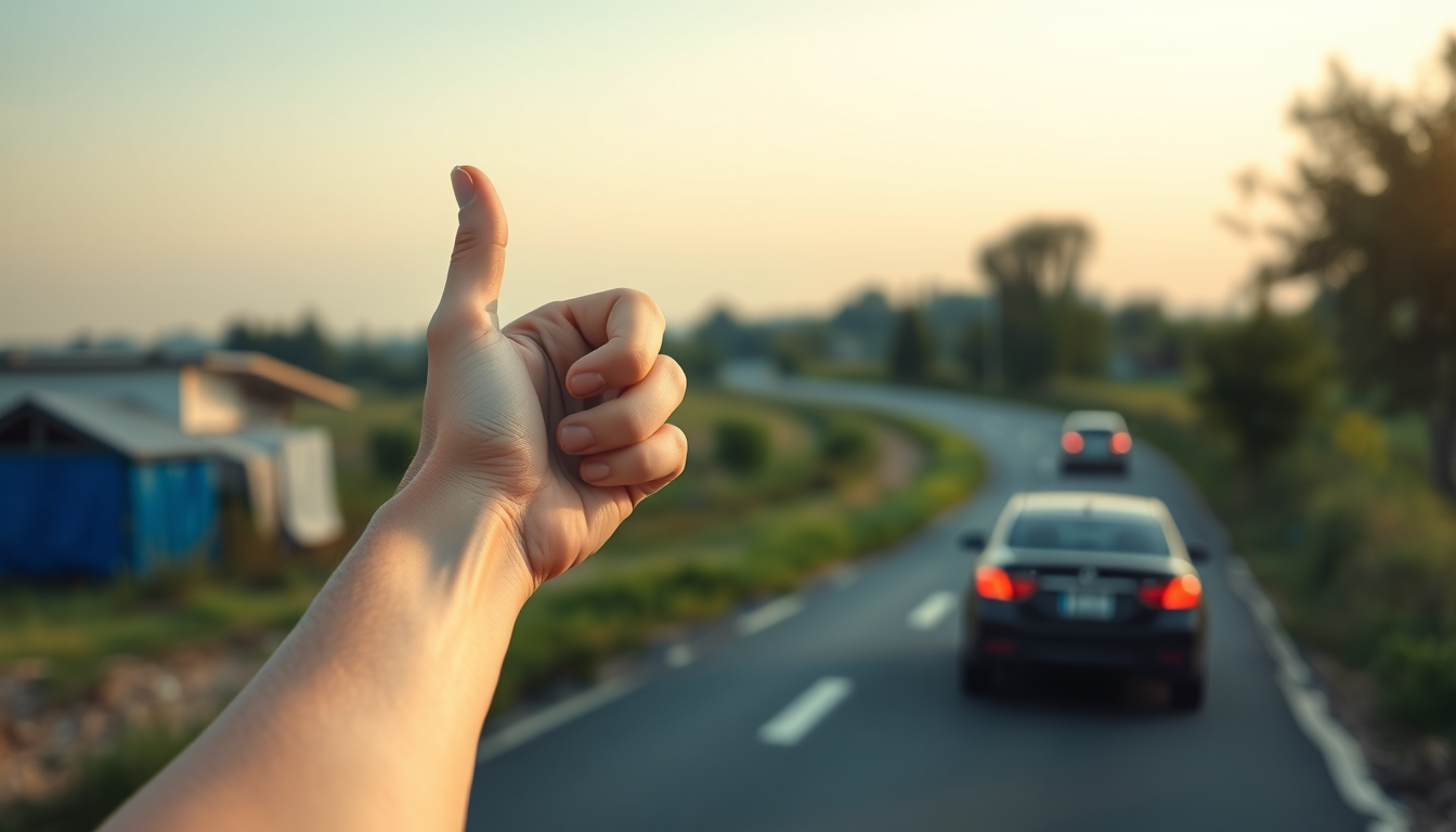Main art studio: show a realistic female arm and hand with thumb up. rural road and cars passing by