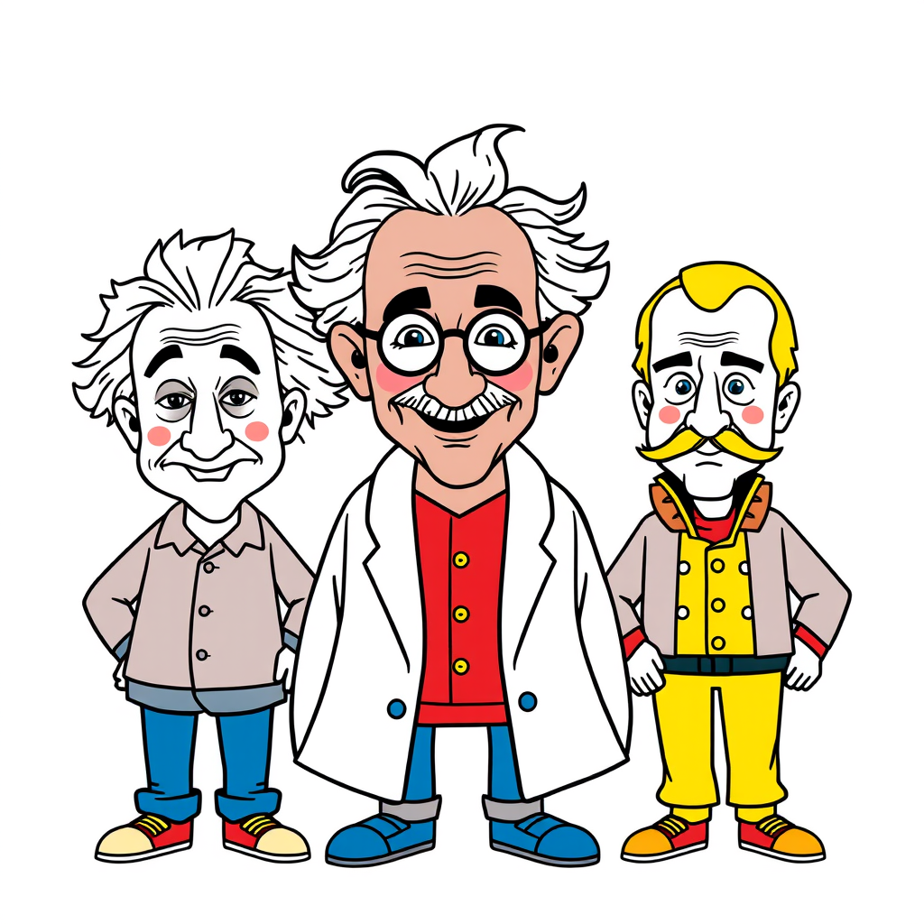 Main art studio: :::writing{variant=“standard” id=“67241”} Einstein, Gandhi and Napoleon, recognizable faces and hairstyles, funny playful expressions, modern casual c