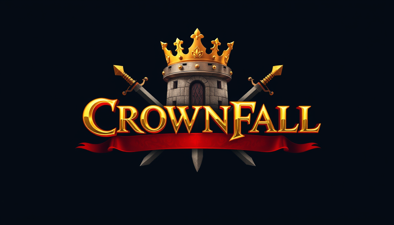 Main art studio: Create a high-quality medieval fantasy RPG game logo for "CROWNFALL". A majestic golden crown above an ancient stone castle, crossed swords, dark crim