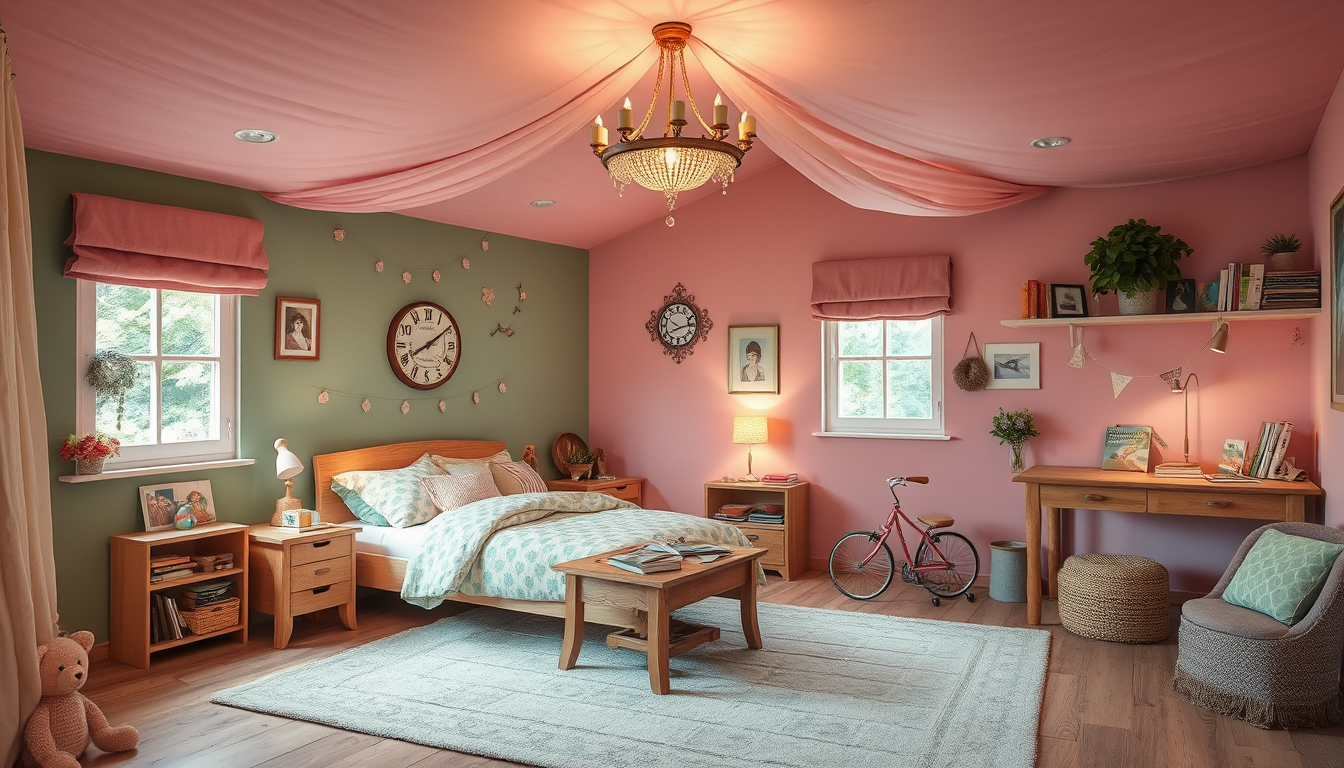 Main art studio: Zimmer typisch für 12 Jahre alte Mädchen mit altrosa, salbeigrün und flieder es hat ein Himmelbett und ist groß hat Bücher es hat einen großen Sitzsac
