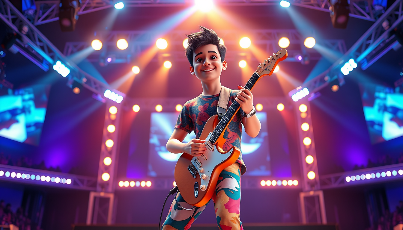 Main art studio: Create a high-quality 3D cinematic animated image of a young male guitarist performing energetically on a beautiful modern concert stage. He is holdin