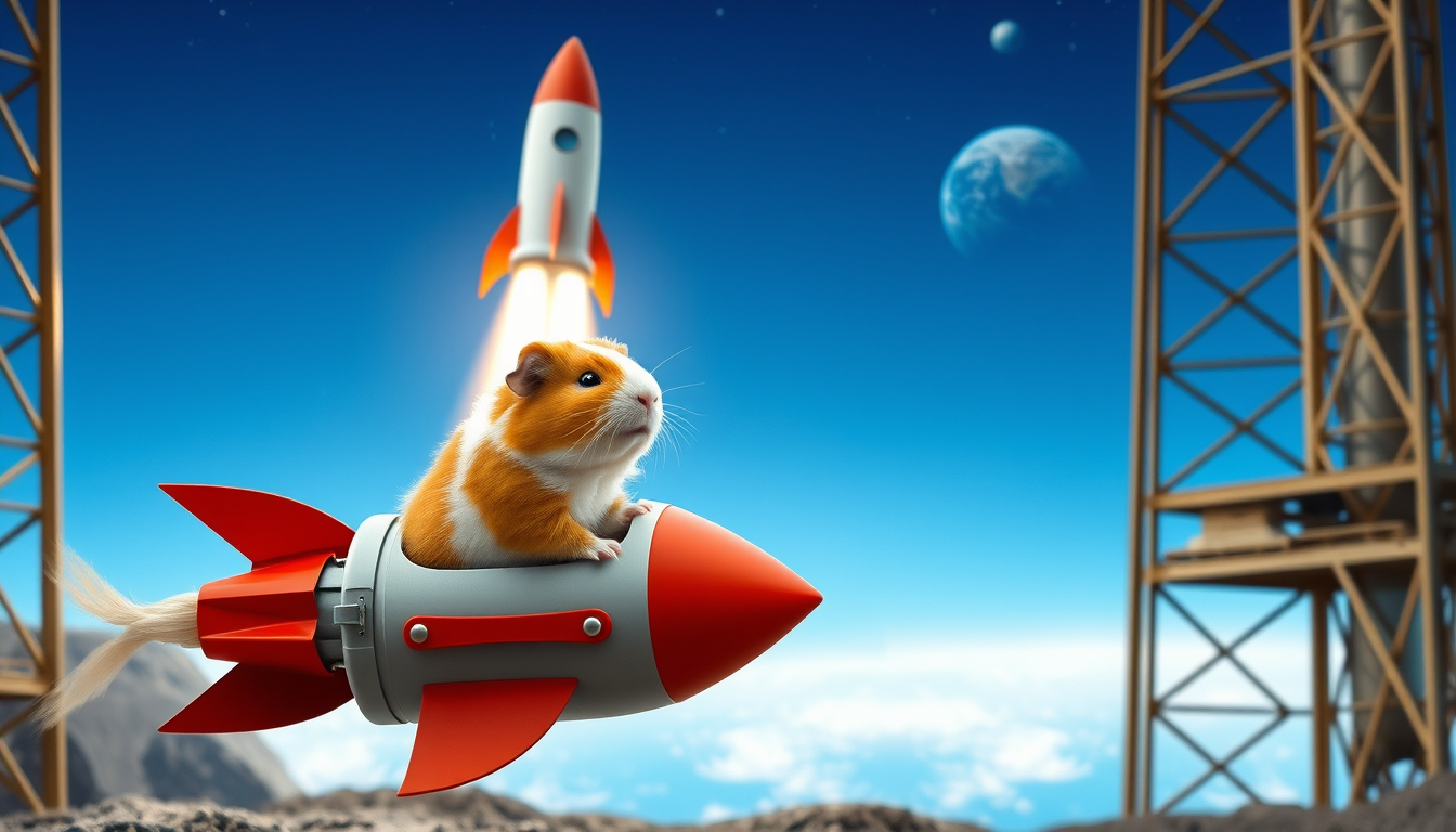 Main art studio: The same orange-and-white guinea pig Zhorik sits inside the same small colorful space rocket. The rocket launches from the realistic outdoor launch si