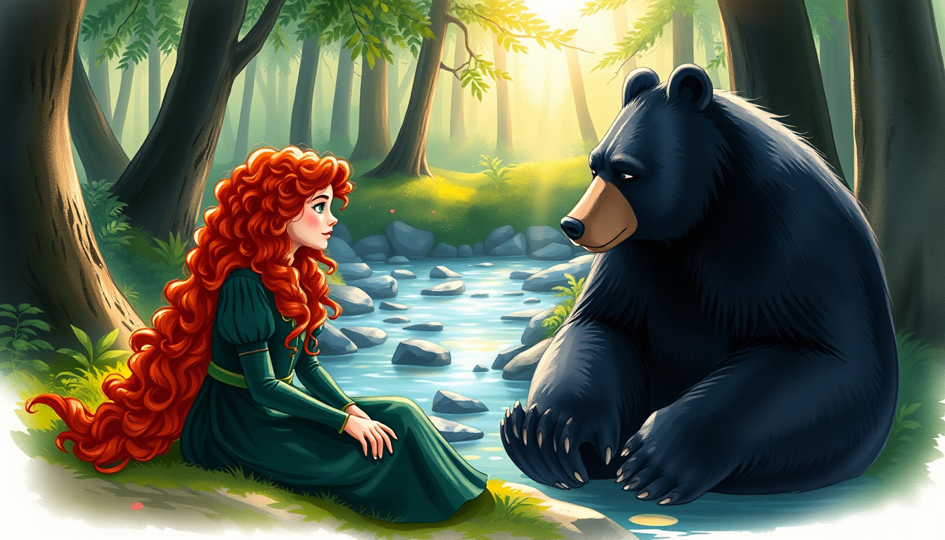 Main art studio: Merida, a teenage princess with long curly red hair, green eyes, and a dark green dress, sits beside her mother Queen Elinor, a large gentle black bea