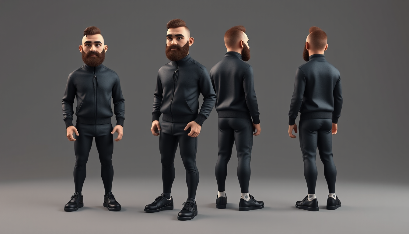 Main art studio: Realistic 3D claymation character inspired by prime Conor McGregor, with his iconic haircut, thick beard, and athletic build. Wearing a completely bla