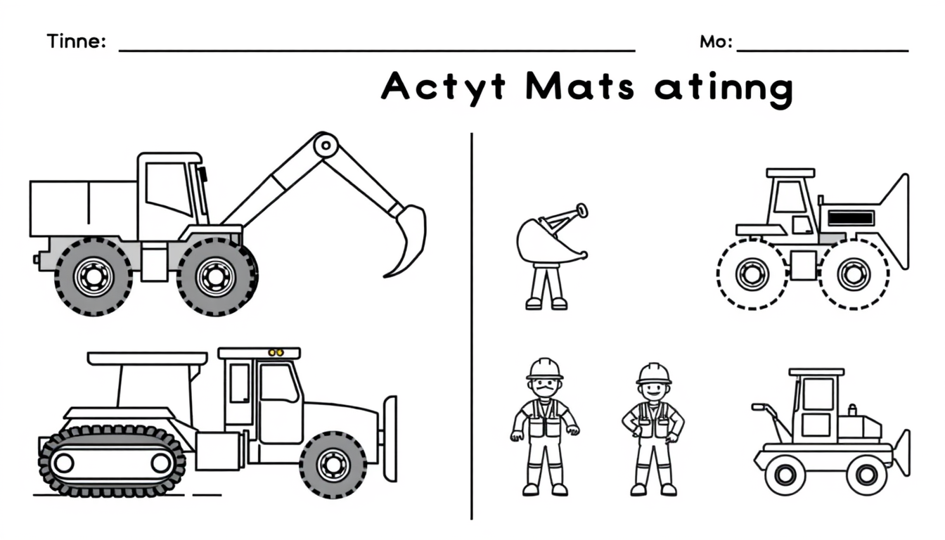 AI Art prompt example created from the prompt: Simple black and white preschool activity page, four large construction vehicles on the left and four simple matching job illustrations on t