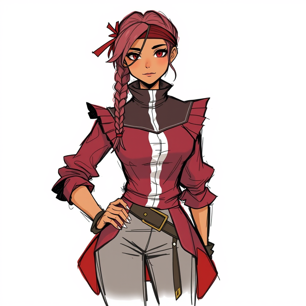 Main art studio: Fantasy concept art style, sketchy messy art style, pommeplisa on twitter art style, Adult woman thief, dusty/dirty pink braided bun with choppy bangs