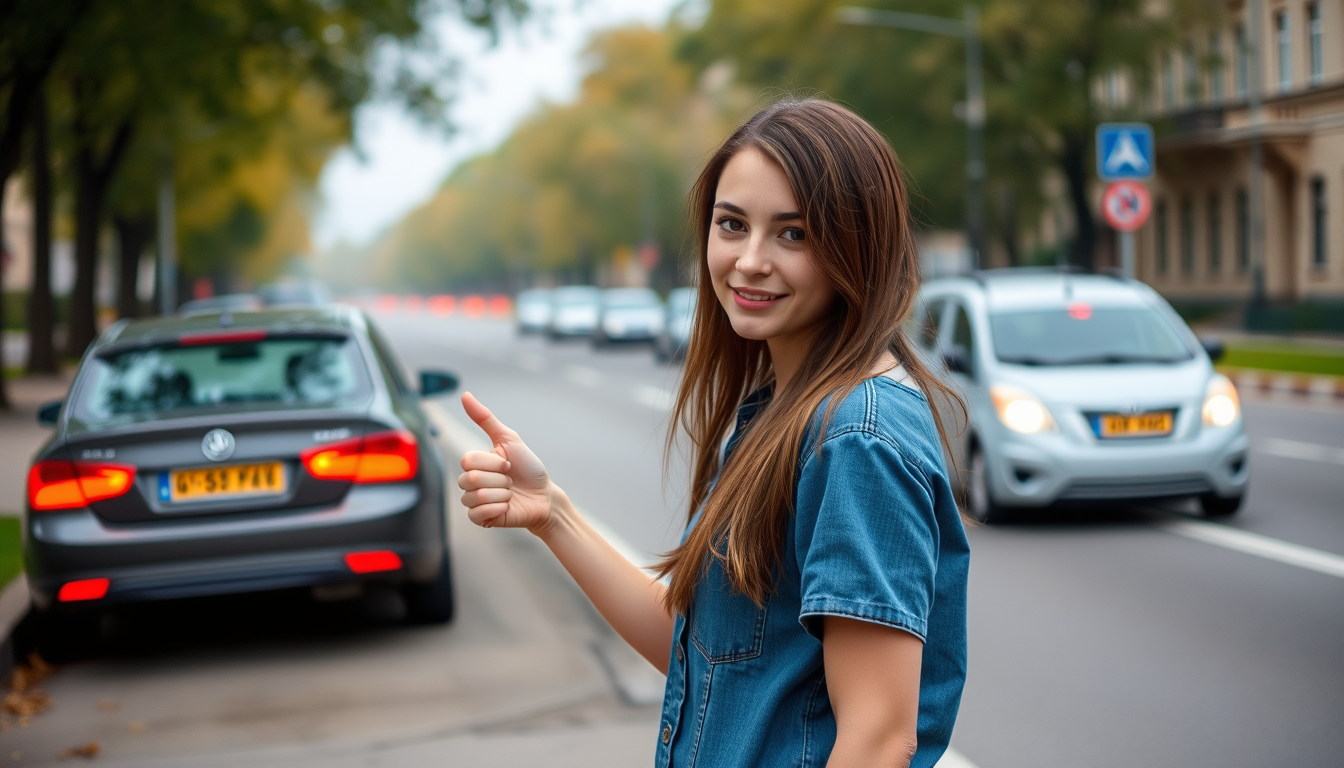 Main art studio: a young russian woman around 18 years old standing on the site of a street, holding her right hand out and thumb up seeing a car stops