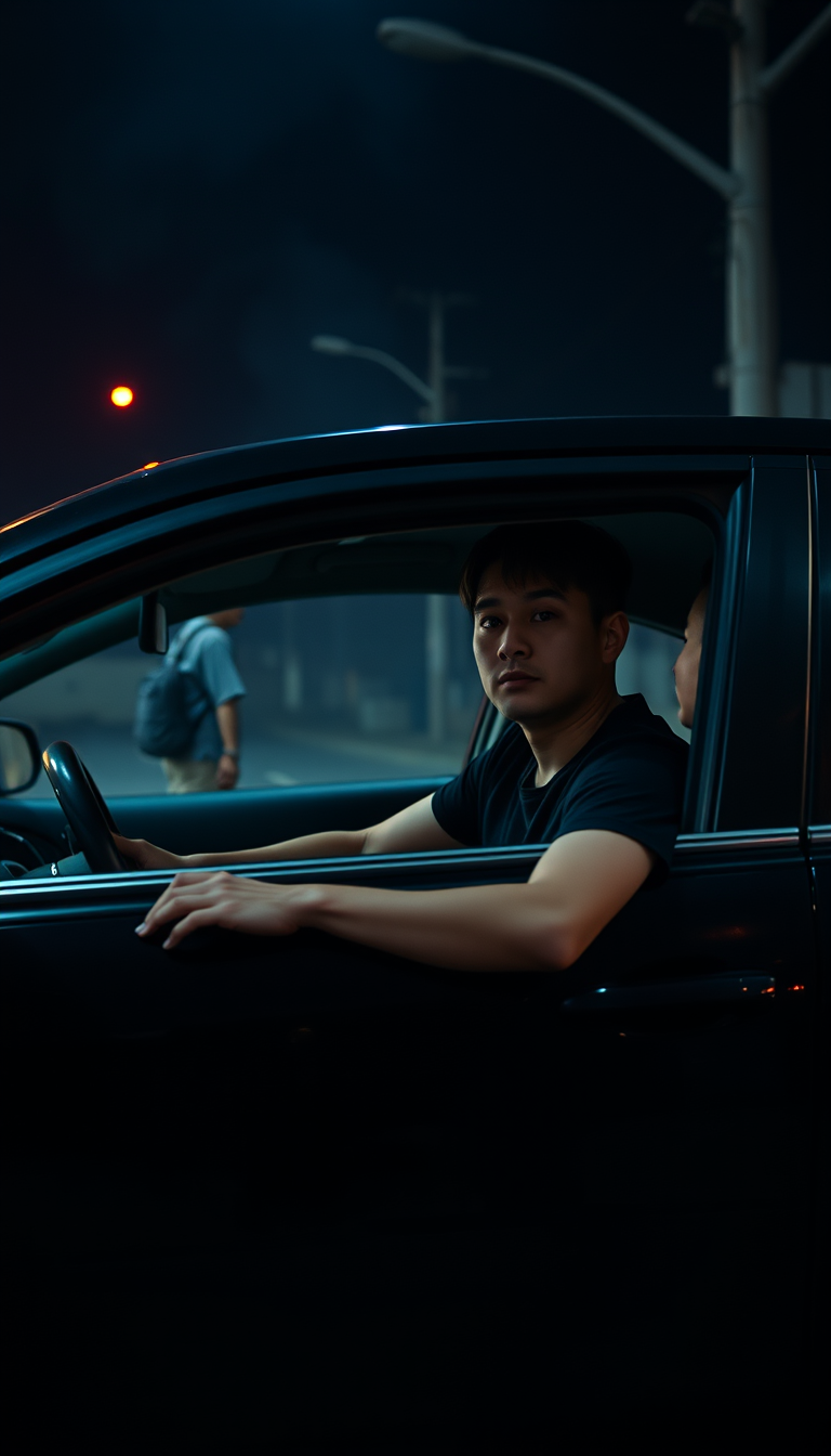 Main art studio: Tung Tung Sahur in a black T-shirt sitting in the driver seat of a black car at night. A person is standing outside near the open passenger door. Cine