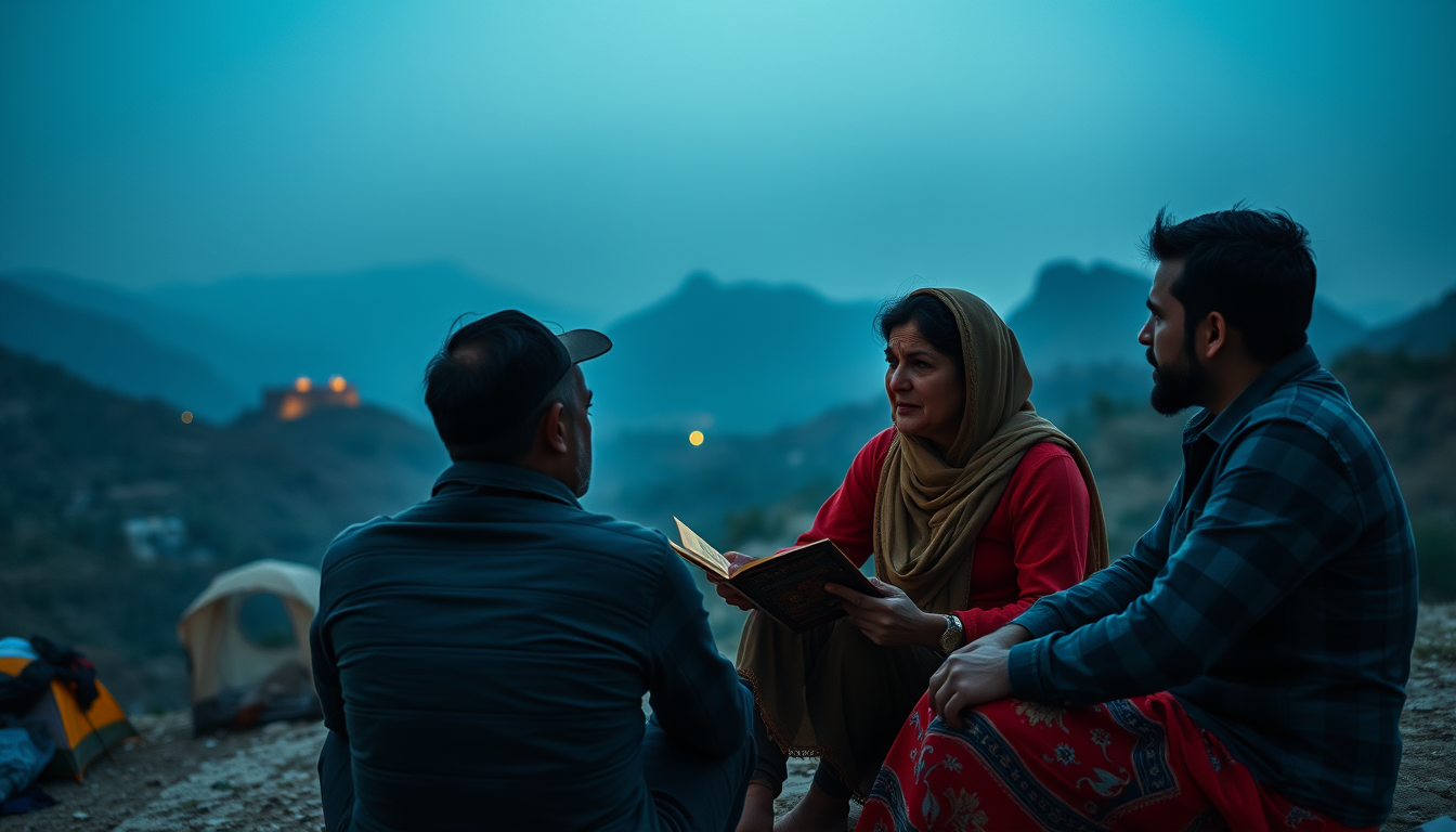 Main art studio: Three adult travelers sitting together at a campsite outside the Aravalli hills, one person narrating a mysterious story about Bhangarh Fort while the