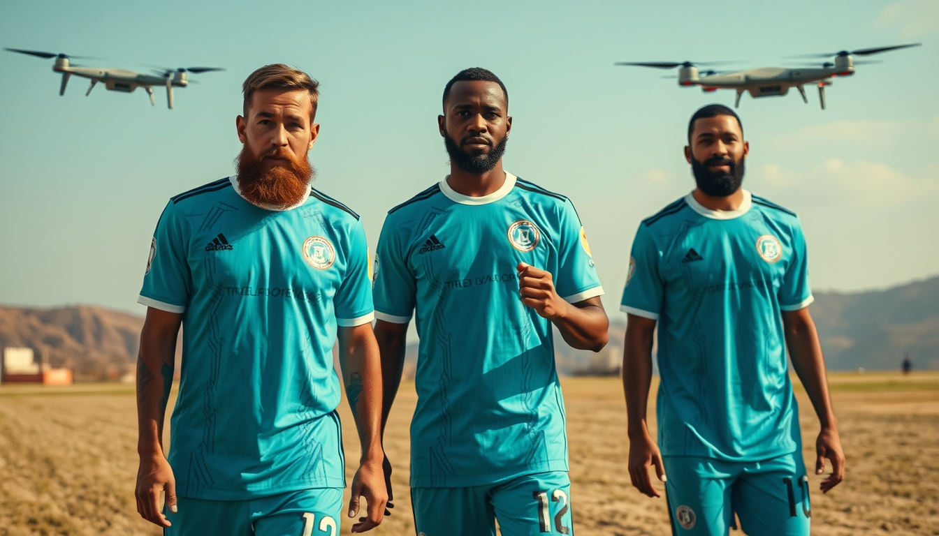 Main art studio: Haz a Arda Guler con la remera de turquia en una guerra con drones militares turcos y que esten peleando contra Mbappe dictador
