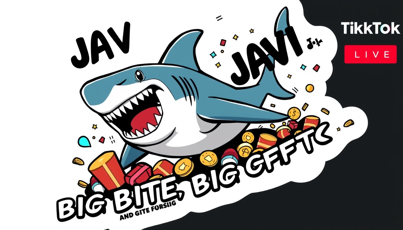 Graphic idea: modern graphic design, clean layout, strong visual hierarchy, bold shapes, space for headline, Funny TikTok LIVE sticker for Angelo 🦈🖤 featuring Jav