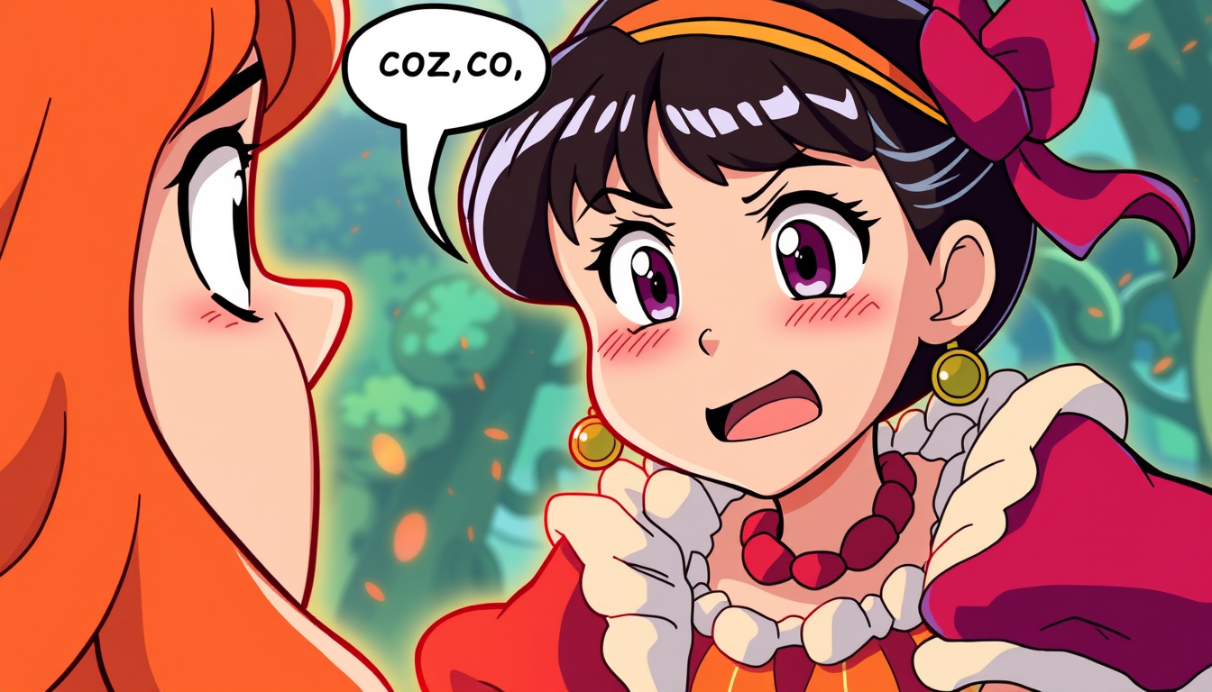 Anime idea: anime style, vibrant colors, expressive eyes, Celia from Shakespeare's As You Like It speaking teasingly to Rosalind, saying “coz, coz, coz,” with exa