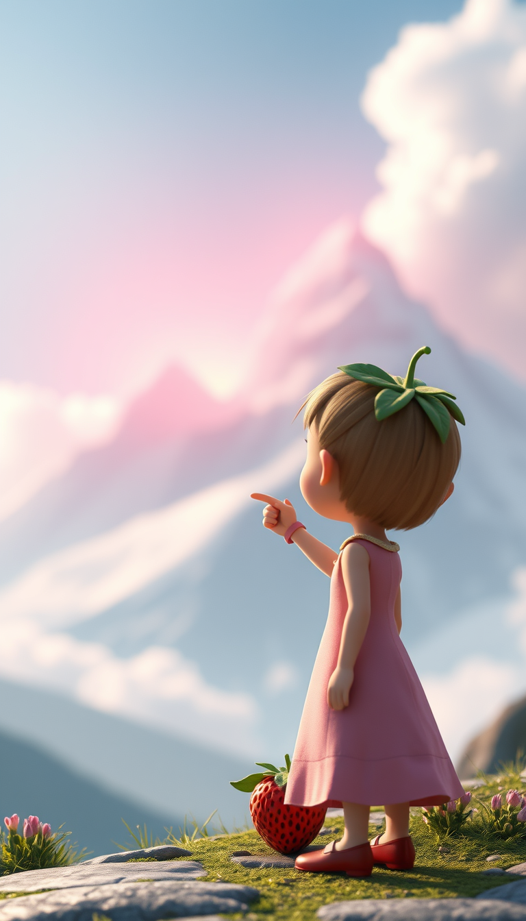Main art studio: La petite fraise s'arrête et regarde la montagne avec étonnement. Une mystérieuse lumière rose et dorée brille derrière les nuages. Elle pointe la mon