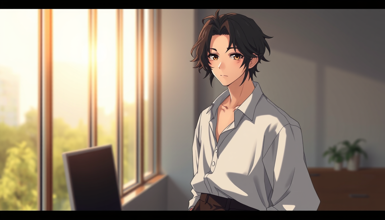 AI Art prompt example created from the prompt: Beautiful cinematic anime illustration of an original young male character with soft black wavy hair, expressive dark eyes, wearing a loose