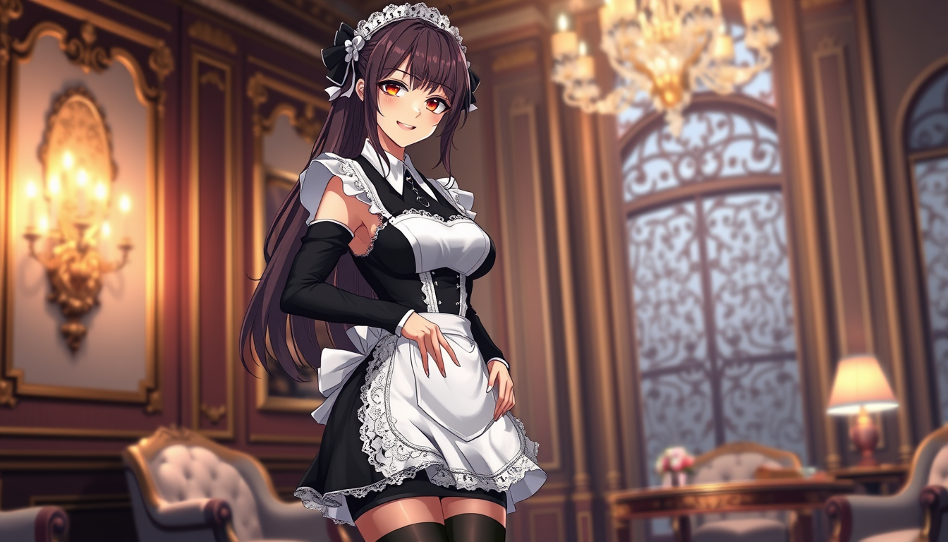 Main art studio: adult anime maid woman, age 25, glamorous French maid costume, fitted black dress, white lace apron, thigh-high stockings, off-shoulder details, elega