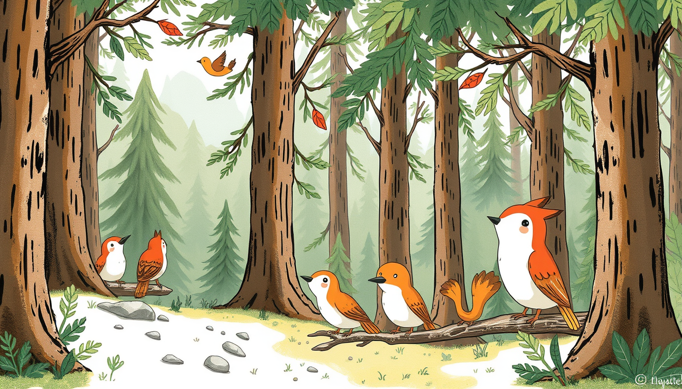 Main art studio: dibuja un bosque donde haya muchos pajaros y se vean de fondo monta;as tiene que haber elementos humoristicos que llamen la atencion a los niños el es