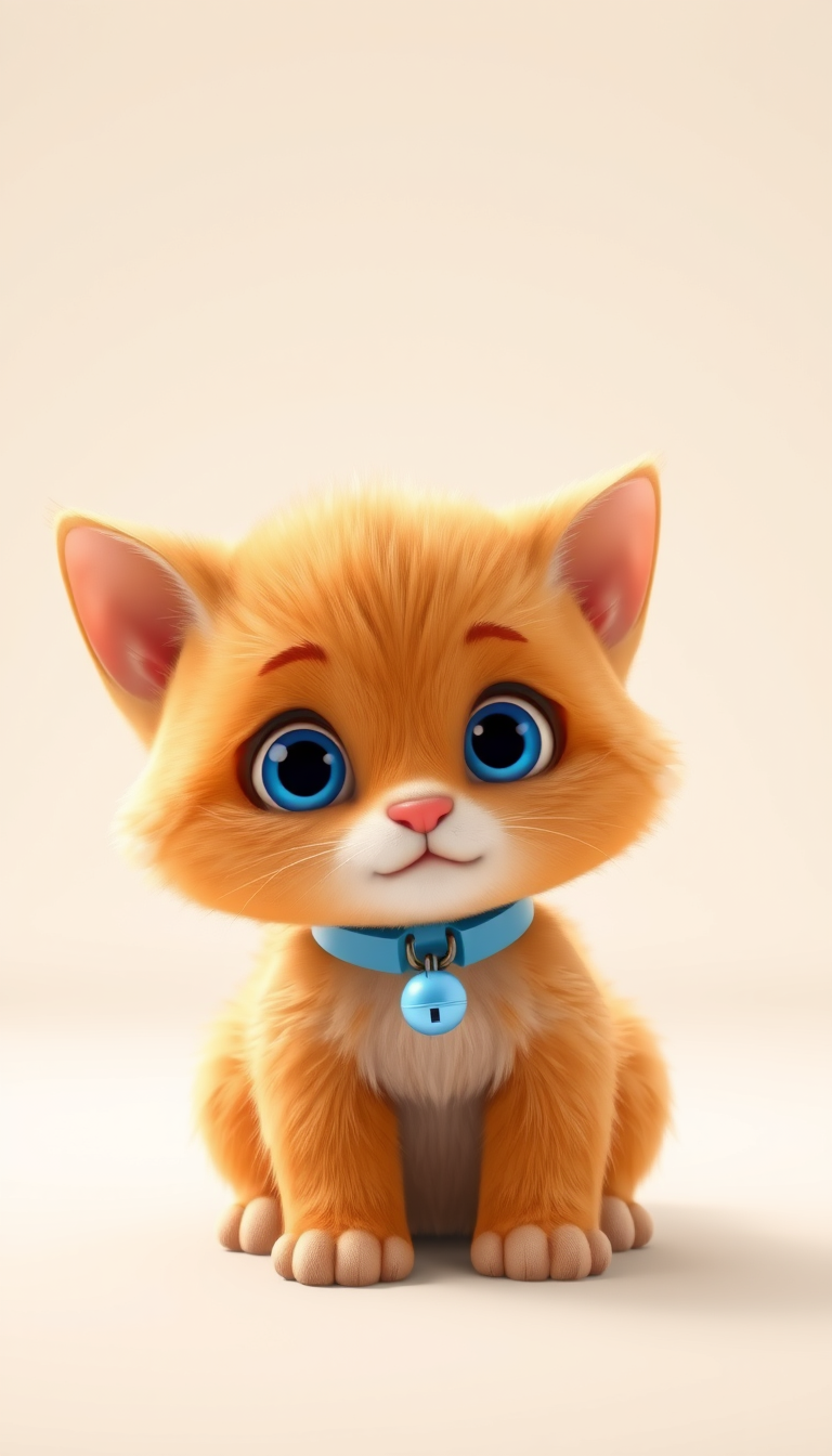 Main art studio: Create a tiny, adorable orange kitten character for a colorful 3D animated children's cartoon. Character: Milo, a very small fluffy orange kitten with