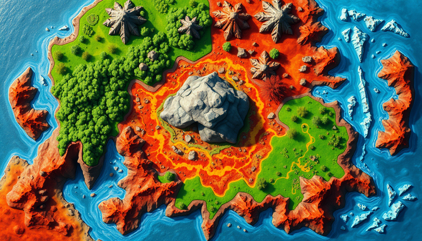 Main art studio: :::writing{variant="standard" id="85342" title="Prompt — plateau très coloré"} Top-down fantasy board game map, landscape format. A small rocky crater