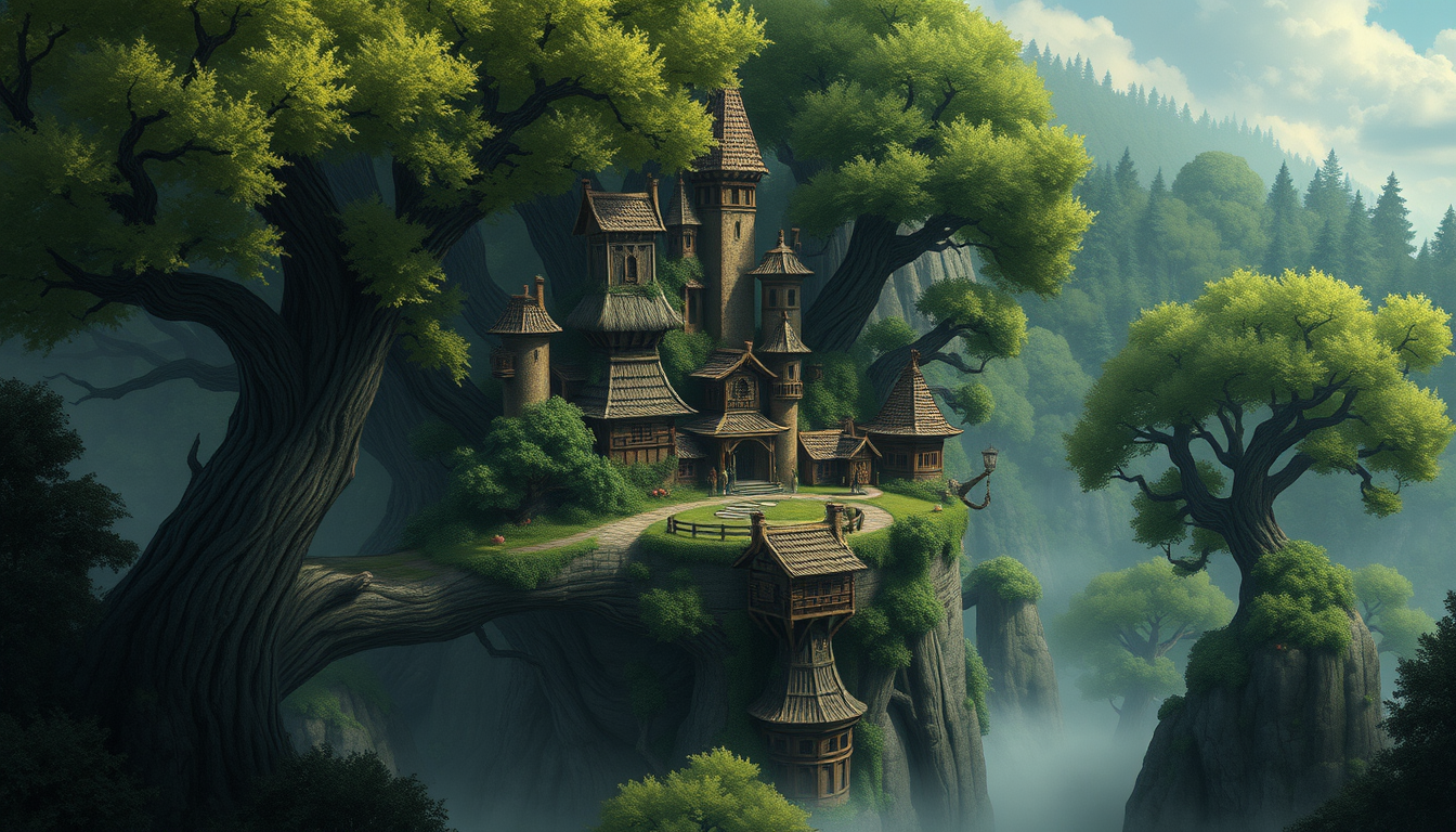 Main art studio: i need a d&d map for a town in the trees, what i mean is they are in a realm where the trees are huge and the town itself is in the trees like tree ho