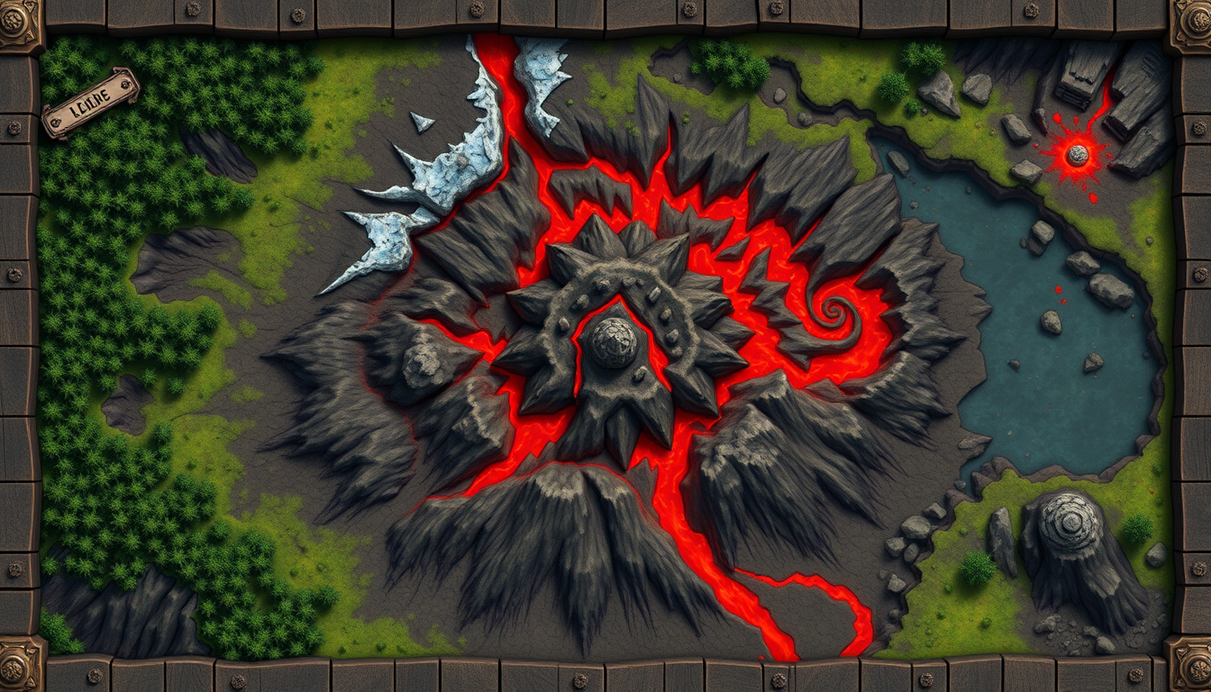 Main art studio: :::writing{variant="standard" id="31684" title="Prompt simple"} Top-down fantasy volcano map, landscape. Rocky crater in the center. Four slopes: gree