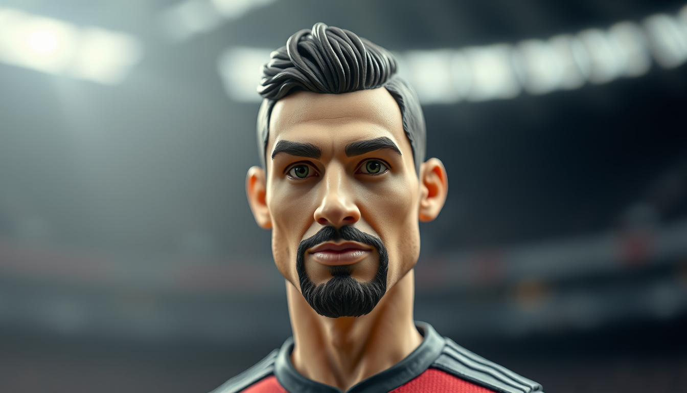 Main art studio: Handcrafted, ultra-realistic 3D claymation portrait of a famous football player, recognisable facial features, detailed sculpted skin texture, realist