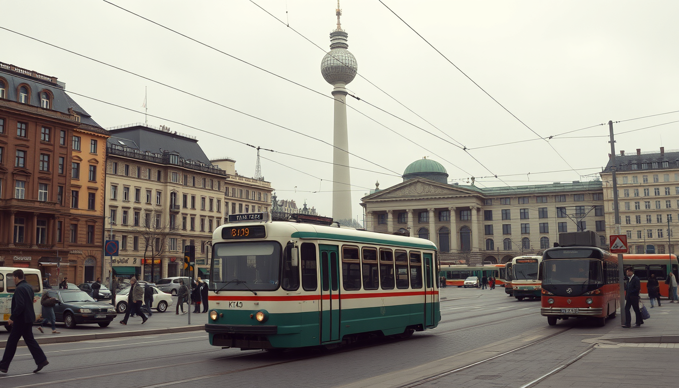 Main art studio: Photorealistic historical photograph of Alexanderplatz in East Berlin, circa 1987. The Fernsehturm rises prominently above Alexanderplatz. A classic E