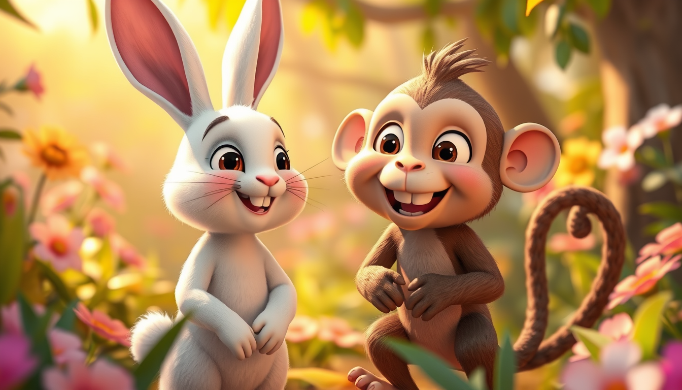 Main art studio: इमेज 7 — दोनों दोस्त बन जाते हैं “Adorable white rabbit and brown monkey smiling and becoming friends, standing together in a beautiful sunny jungle,