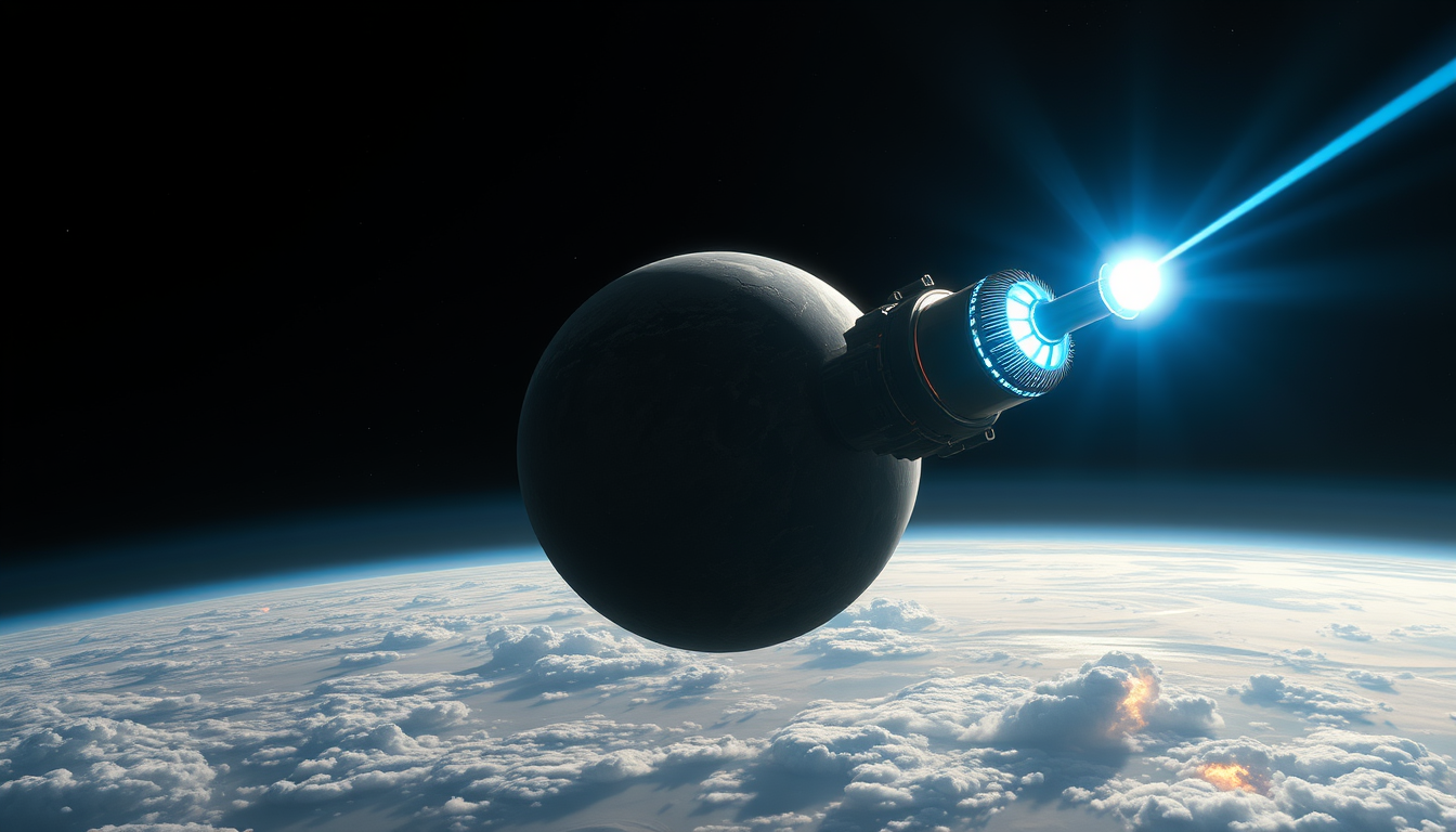 Main art studio: An enormous planet-sized orbital cannon floating in deep space, dwarfing Earth, firing a blinding blue-white laser beam into the planet’s atmosphere.