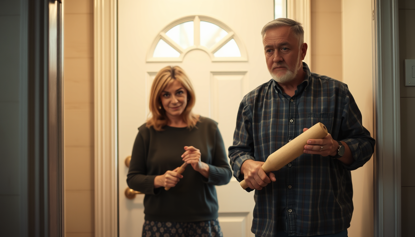 Main art studio: Very angry wife holding large rolling pin waiting at front door for late husband