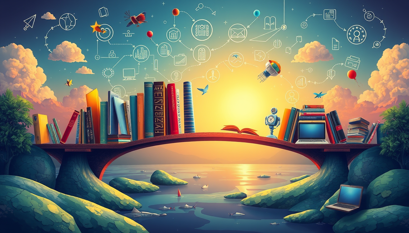 Main art studio: Creative Filipino poster showing a bridge made of books and technology, connecting Filipino language and culture to AI, computers, and a world of know
