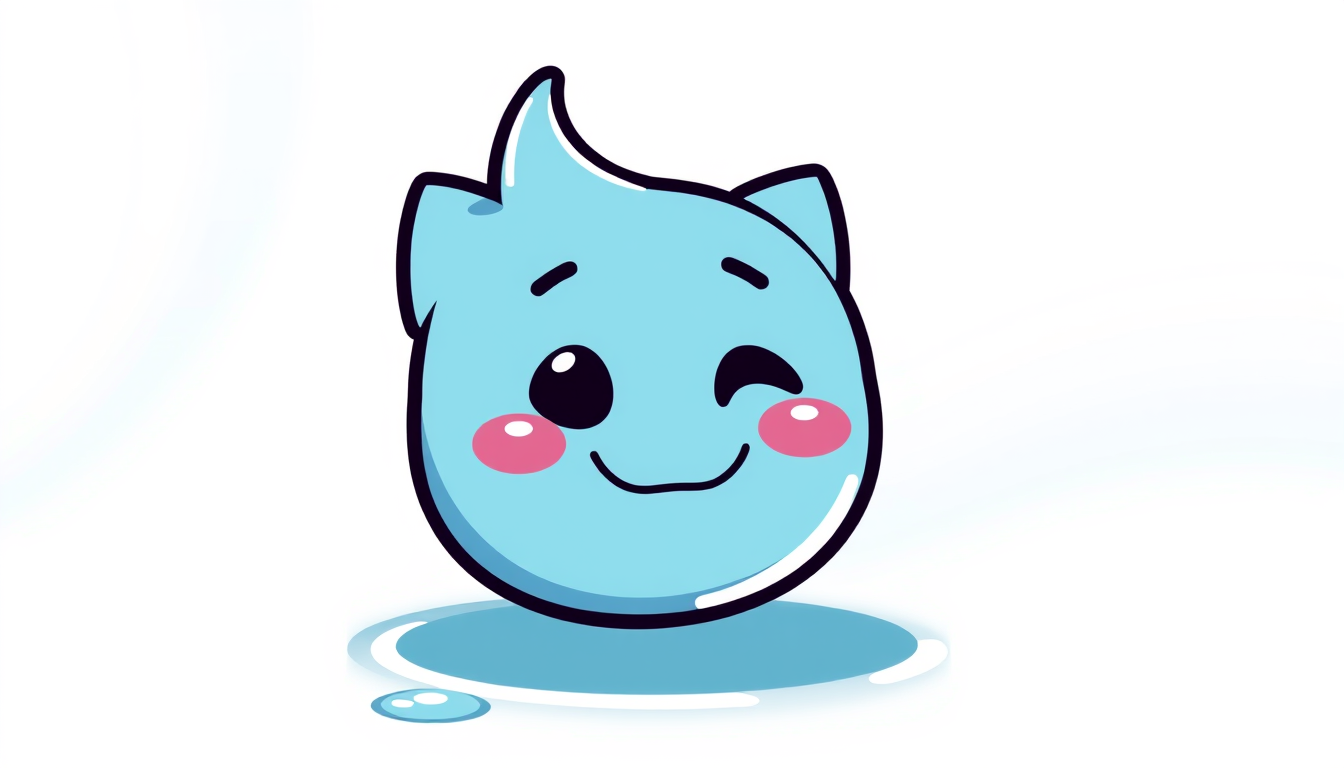 Main art studio: twitch emote, cute water droplet character, thick outline, readable at 28px