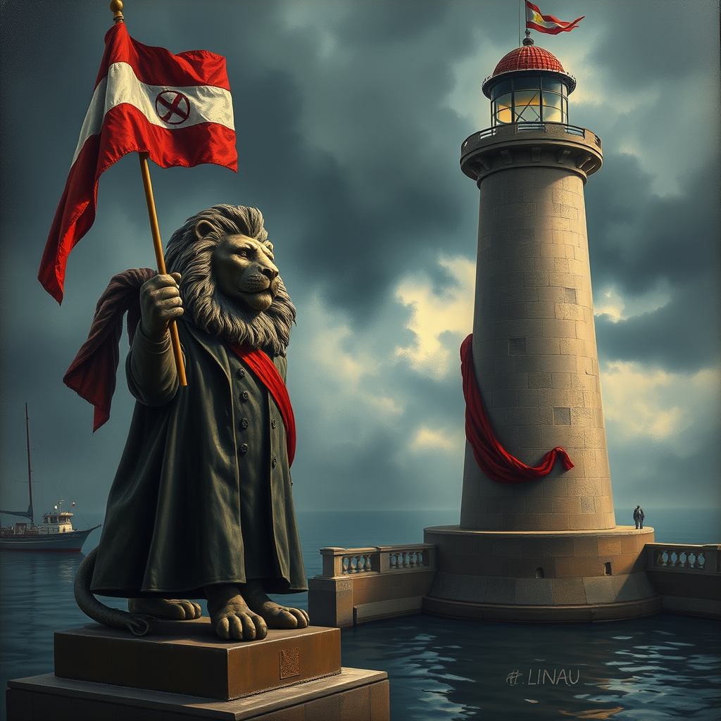 Main art studio: A cinematic and dramatic oil painting of the Lindau harbour entrance. The iconic Bavarian lion statue and the Lindau lighthouse are anthropomorphized