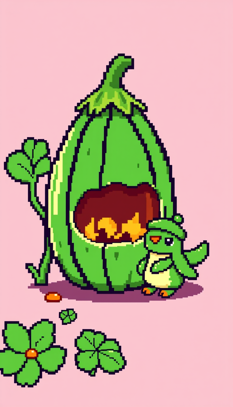 AI Pixel Art idea created from the prompt: pixel art, 32x32 sprite scale, limited palette, retro 16-bit game art, Una calabaza con un lazo verde y un gorrito con carita coquette , cri
