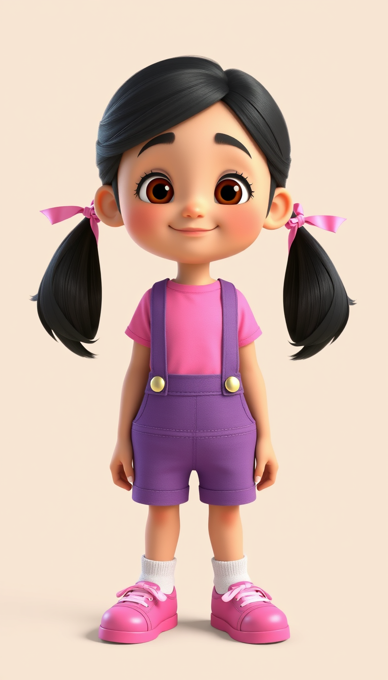 Main art studio: Create a high-quality, colorful 3D animated children's cartoon character for a family-friendly animated adventure. Character: Lily, a petite 7-year-ol