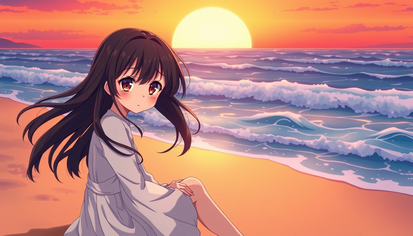 Anime idea: anime style, vibrant colors, expressive eyes, A beautiful sad anime girl sitting alone on a beach near the ocean at sunset. She has long black hair ge