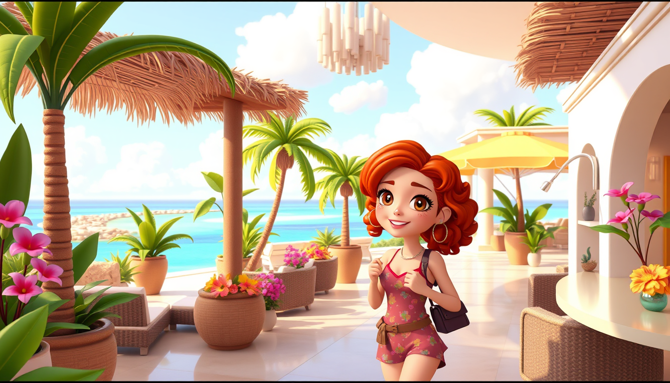 Main art studio: Scene 2: Sienna checks into a beautiful Aruba resort. Reddish-brown curly hair, freckles, stylish outfit. Luxury lobby, tropical flowers, ocean views,