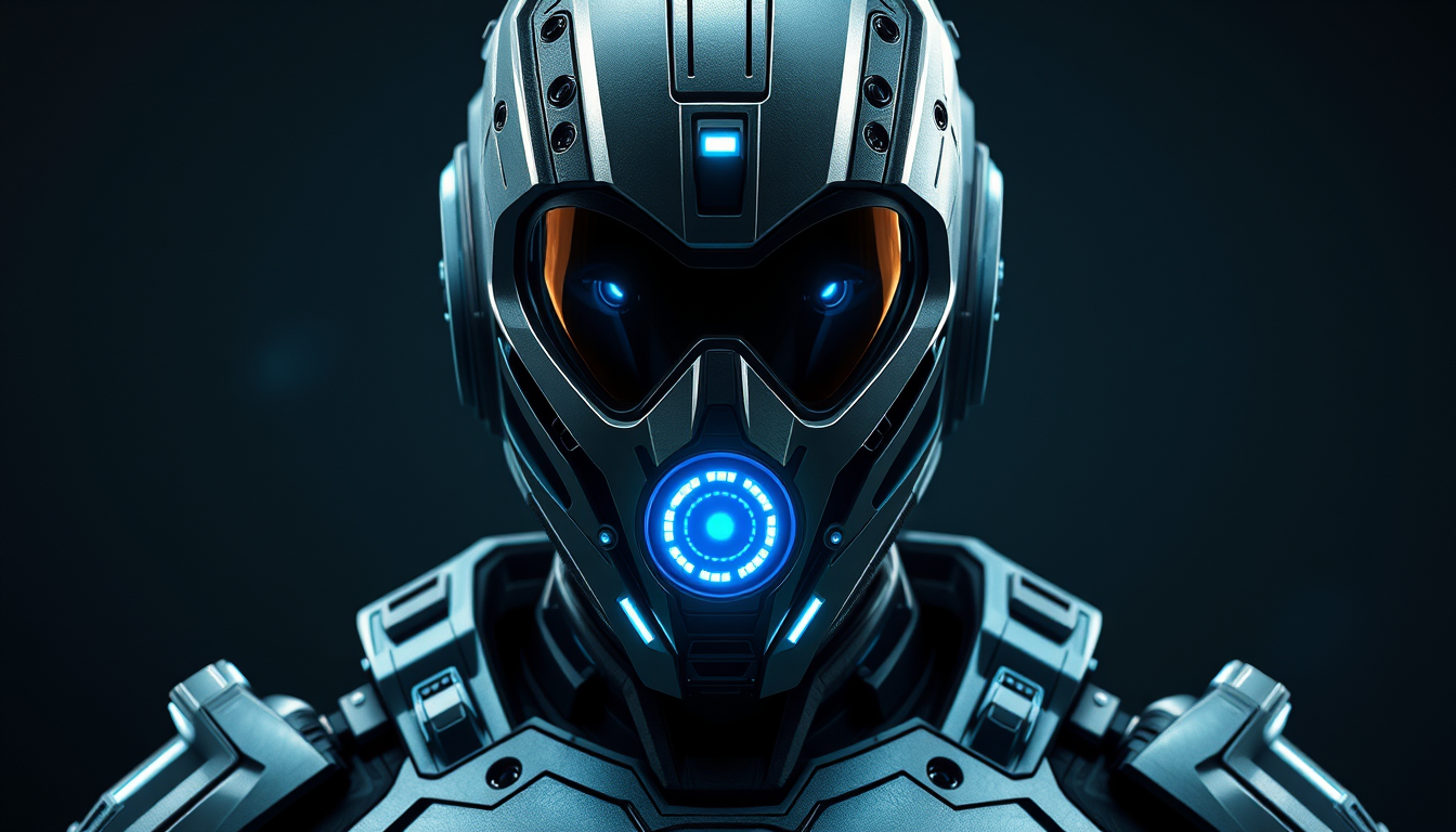 Main art studio: “Crea un personaje de cuerpo completo, visible desde la cabeza hasta los pies, con una armadura tecnológica futurista gris metálica. El casco debe cub