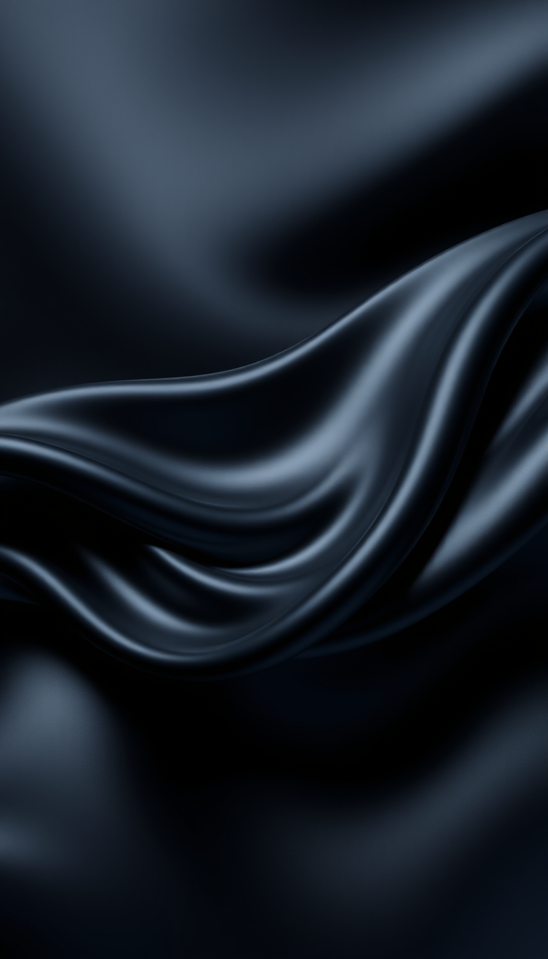 Main art studio: Create a 9:16 minimalist mobile wallpaper with flowing black and charcoal metallic waves, subtle deep-blue highlights, soft reflections, smooth gradie