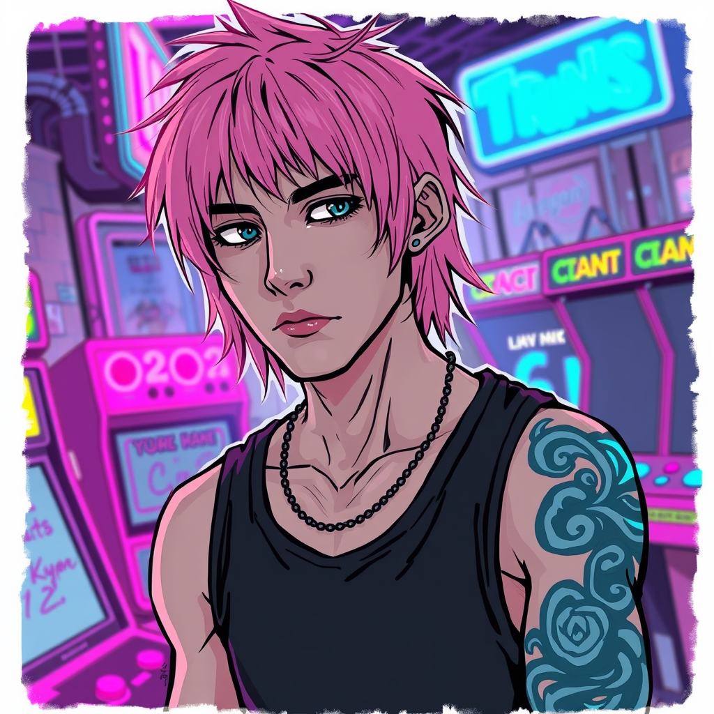 Main art studio: a grungy illustrated portrait of a guy with shaggy shoulder-length pink hair in an asymmetrical cut, and fair skin. he wears a black tank top and has 