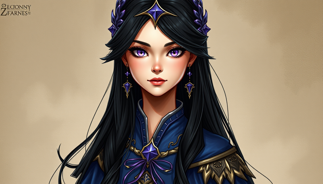 RPG Character idea created from the prompt: RPG character portrait, fantasy class outfit, detailed illustration, « Princesse dragonnière aux longs cheveux noirs, yeux violets, robe roy