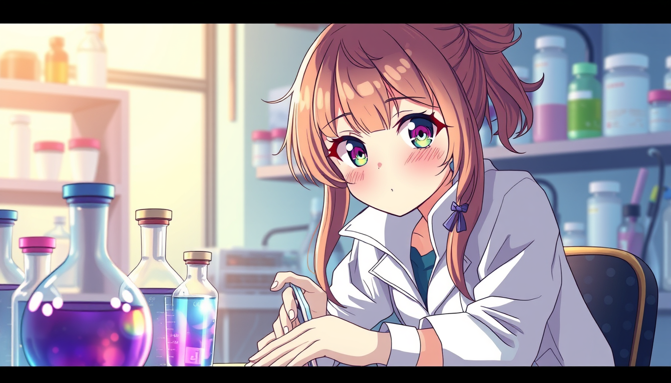 Anime idea: anime style, vibrant colors, expressive eyes, Femme accroché dans une table de laboratoire scientifique , detailed anime illustration