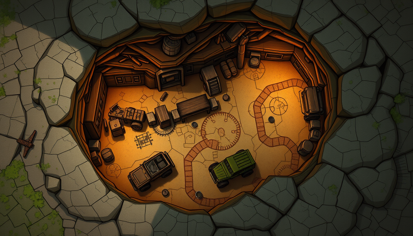 Main art studio: zeichne mir eine 2d map für tabletop von oben. die karte einer höhle, es soll mehrere vorräume und gänge geben und hinten einen großen raum geben, am