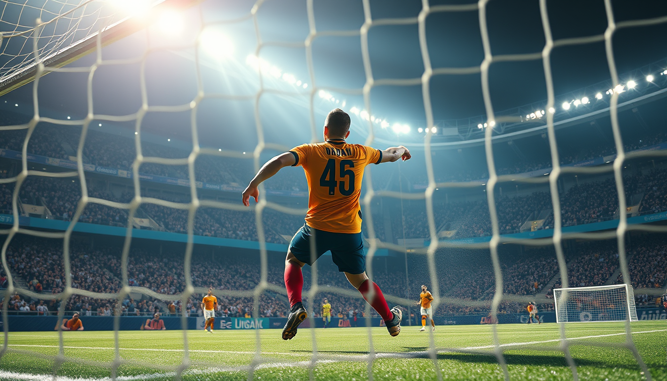 Main art studio: crie uma imagem de um jogador fazendo o gol descesivo da final da copa do mundo de frente do gol