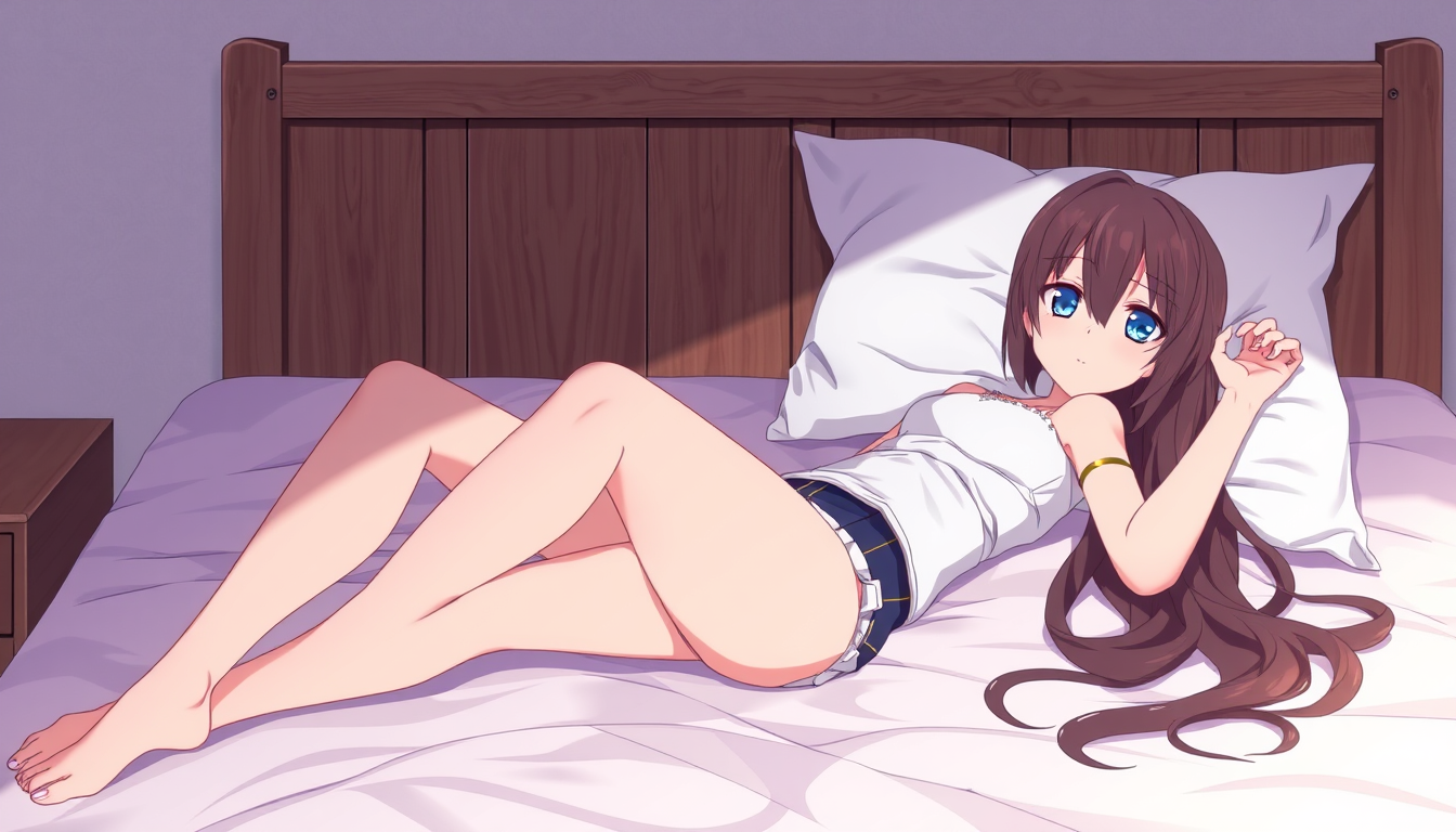Main art studio: A anime girl laying on the bed make her hinata from nartuto her touge is and make he rin shorts also jacked legs