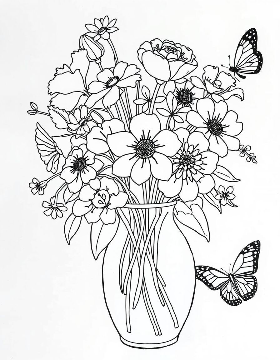 AI Art prompt example created from the prompt: Flowers coloring book, vase, various, butterfly, shaded, outline, uncolored
