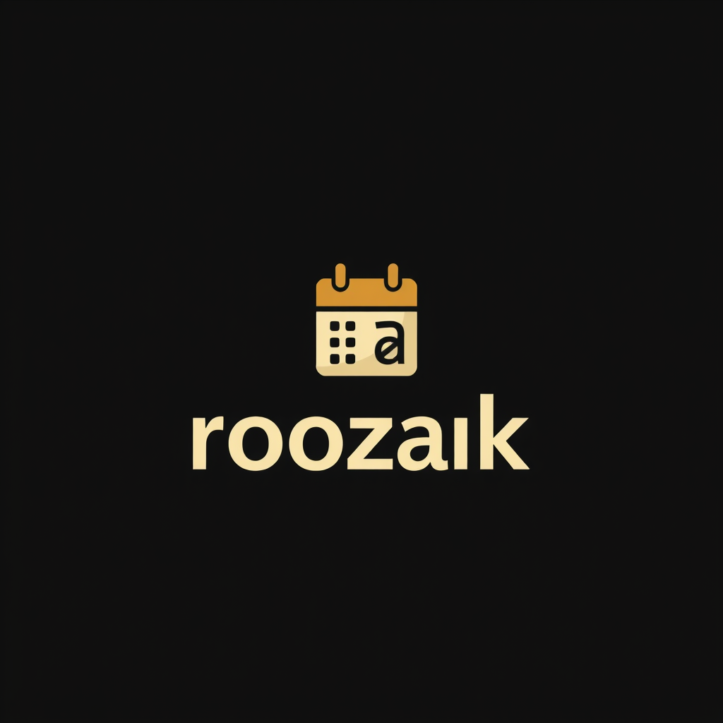 Main art studio: :::writing{variant=“standard” id=“90527”} Minimalist logo “روزک Roozak”, black background, cream text, gold calendar and timeline symbol, modern, myst