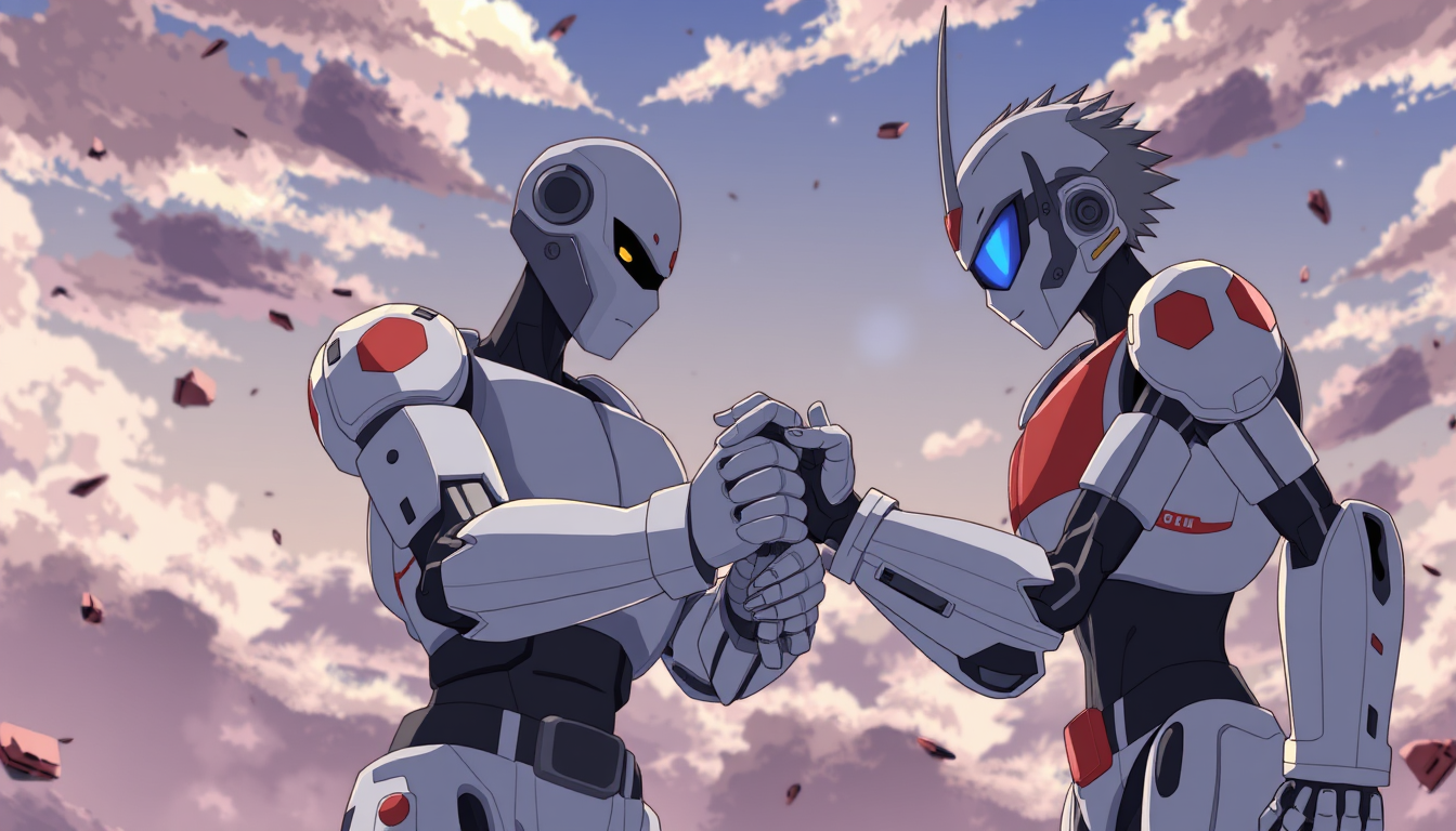 Main art studio: robo anime lutando plano geral angulo normal
